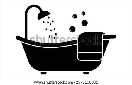 Silhouette of Bathtub, shower icon. Bathtub icon, vector. Shower head icon, Bathroom, Bath, Bathing, Bubble Towel vector. Bathtub sign symbol design on white background. Vector illustration.