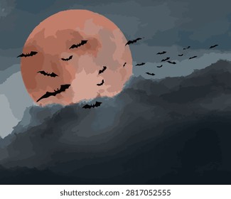 Silhouette of bats flying in front of a full orange moon against a dark cloudy night sky background for Halloween concept.