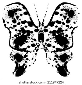 Silhouette of a batterfly painted by blots. Black splattered silhouette of insect with wings.