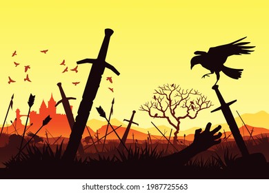 Silhouette of the battle for the castle. Silhouette of the battlefield. Background of swords stuck into the ground. Ravens fly over corpses. Detailed wallpaper. Stock vector illustration. EPS 10. - Shutterstock ID 1987725563
