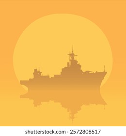 silhouette of a battleship in the middle of a pond. The sky is bright orange. The water is calm, reflecting the ship and the surrounding landscape. The image evokes a feeling of peace and serenity.