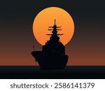 
silhouette of a battleship in the ocean at sunset.  the sun is in the background. The sky is a gradient of orange-yellow color. The sun casts a warm light on the water. The water is calm and quiet. 