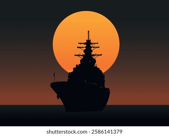 
silhouette of a battleship in the ocean at sunset.  the sun is in the background. The sky is a gradient of orange-yellow color. The sun casts a warm light on the water. The water is calm and quiet. 