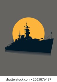 
silhouette of a battleship at sunset. The ship is dark blue. The sun is in the background. The sky is light gray. The overall mood of the illustration is peaceful and serene.