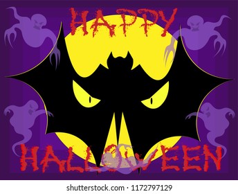 silhouette of the bat-vampire with ghosts in the background of the moon halloween creative illustration
