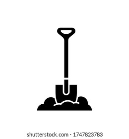 Silhouette Bayonet shovel stuck in pile of earth. Outline heap of soil and digging tool. Black simple illustration of gardening, uproot, excavation, bury. Flat isolated vector icon on white background