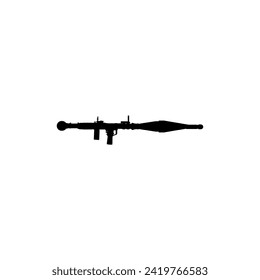La silueta del arma Bazooka o lanzacohetes, también conocida como granada propulsada por cohetes o RPG, de estilo plano, puede utilizarse para la ilustración artística, el pictograma, el sitio web, el elemento infográfico o de diseño gráfico