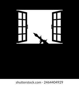 La silueta del arma de Bazooka o del lanzacohetes en la ventana, visión dramática de la guerra, puede utilizar para la ilustración del arte, la Noticias de la guerra, el póster o el elemento del Diseño gráfico. Ilustración vectorial