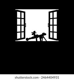 Silhouette der Bazooka oder Raketenabschusswaffe im Fenster, Dramatic War View, kann für Kunstillustrationen, Kriegs-Nachrichten, Poster oder Grafikdesign-Element verwendet werden. Vektorillustration