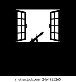 Silhouette der Bazooka oder Raketenabschusswaffe im Fenster, Dramatic War View, kann für Kunstillustrationen, Kriegs-Nachrichten, Poster oder Grafikdesign-Element verwendet werden. Vektorillustration
