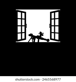 Silhouette of the Bazooka or Rocket Launcher Weapon in the Window, Dramatic War View, can use for Art Illustration, War News, Poster or Graphic Design Element. Vector Illustration