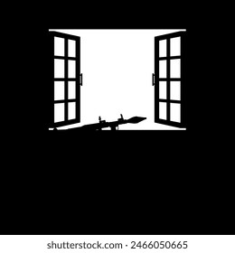 La silueta del arma de Bazooka o del lanzacohetes en la ventana, visión dramática de la guerra, puede utilizar para la ilustración del arte, la Noticias de la guerra, el póster o el elemento del Diseño gráfico. Ilustración vectorial