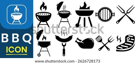Silhouette of BBQ grill icon set. BBQ icon set. Basket lunch, garden-party, grilled salmon, sausage, vegetables, meat steak and shrimp. Vector illustration.
