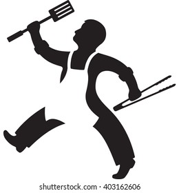 Silhouette of BBQ / Grilling Man Wearing Apron with Grill Tools Spatula and Tongs