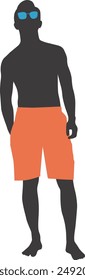 Silhouette of beach boy wearing orange swimming trunks and sunglasses