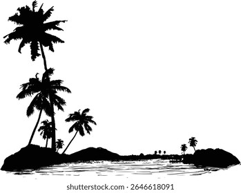 Silueta de playa con cocoteros y olas en Ilustraciones vectoriales