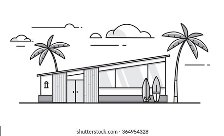 Silhouette of a beach house with surf on a white background

