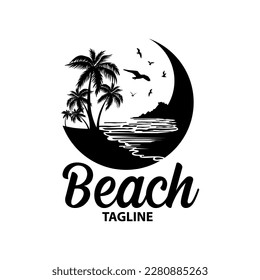 logotipo de la playa de silueta, blanco negro, círculo, aislado en fondo blanco