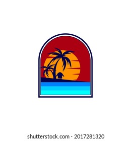 Silhouette of a beach logo with coconut trees and a hut