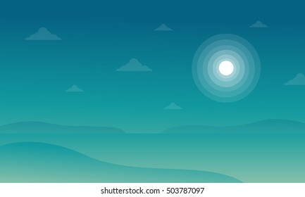 Silhouette of beach with moon landscape vector illustration