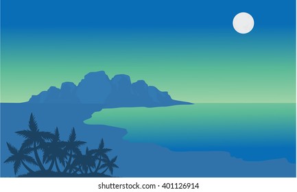 Silhouette of beach at night with blue background