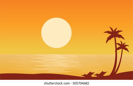 Silhouette of beach on orange backgrounds vector flat