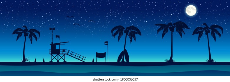 Silhouette of the beach with palm trees. Night panorama of the ocean. Vector background.
