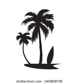 Silhouette beach with palm trees and surfing board, vector illustration isolated on white background