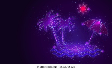 Silhouette einer Strandszene aus leuchtenden, mehrfarbigen Punkten, die Sternen ähneln. Lebendige Teilchen aus Palmen, Sonne und Wellen, die Entspannung, Wärme und das Glück eines Urlaubs an der Küste symbolisieren.