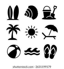 Silhouette of beach symbols icon pack