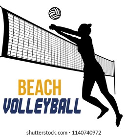 Silhouette of beach volleyball player on white background, vector illustration