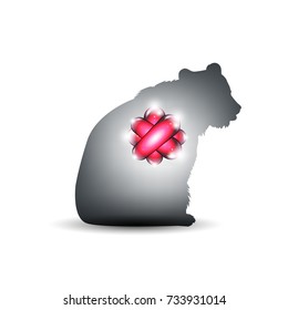 Silhouette of bear with abstract 3d  heart of neon bulbs (pills). Medical, technological or web badge.