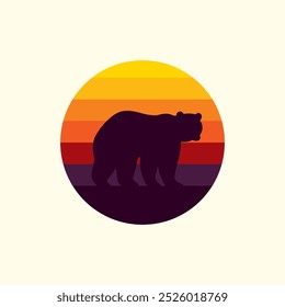 Silhouette of a bear against a striped retro sunset. Original vector illustration in vintage style isolated on light background. T-shirt design. Hand drawn, not AI