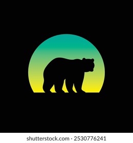 Silhouette of a bear against a striped retro sunset. Original vector illustration in vintage style isolated on light background. T-shirt design. Hand drawn, not AI