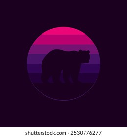 Silhouette of a bear against a striped retro sunset. Original vector illustration in vintage style isolated on black background. T-shirt design. Hand drawn, not AI