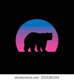 Silhouette of a bear against a striped retro sunset. Original vector illustration in vintage style isolated on light background. T-shirt design. Hand drawn, not AI