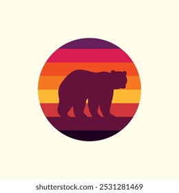 Silhouette of a bear against a striped retro sunset. Original vector illustration in vintage style isolated on light background. T-shirt design. Hand drawn, not AI