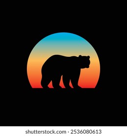 Silhouette of a bear against a striped retro sunset. Original vector illustration in vintage style isolated on light background. T-shirt design. Hand drawn, not AI