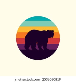 Silhouette of a bear against a striped retro sunset. Original vector illustration in vintage style isolated on light background. T-shirt design. Hand drawn, not AI