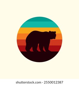 Silhouette of a bear against a striped retro sunset. Original vector illustration in vintage style isolated on light background. T-shirt design. Hand drawn, not AI