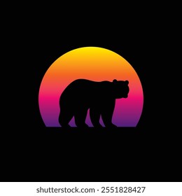 Silhouette of a bear against a striped retro sunset. Original vector illustration in vintage style. T-shirt design. Hand drawn, not AI