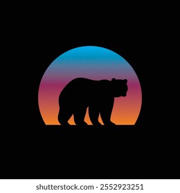 Silhouette of a bear against a striped retro sunset. Original vector illustration in vintage style. T-shirt design. Hand drawn, not AI