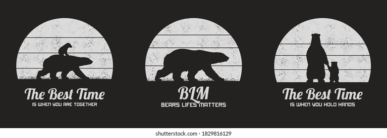 Silhouette of bear. Black white animal set. Retro background