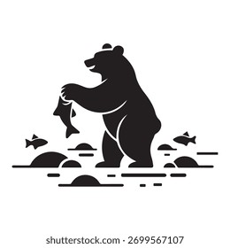 Silueta del oso que atrapa el pez en el río con los Rock y el Vector aislado del pez de la natación