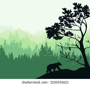 Silhouette of bear climb up hill. Tree in front, forest background. Magical misty landscape. Illustration, badge, sticker.