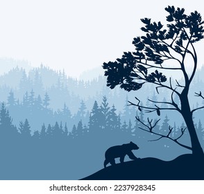 Silhouette of bear climb up hill. Tree in front, forest background. Magical misty landscape. Illustration, badge, sticker.