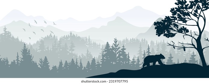 La silueta de oso sube cuesta arriba. Árbol en frente, fuentes y bosque en segundo plano. Magico paisaje de niebla. Ilustración, pancarta horizontal.