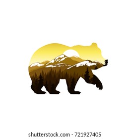 Silhouette of bear with coniferous forest. Seven snowy peaks. Sunset.  