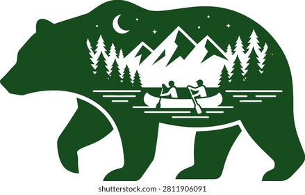 Una silueta de un oso con un paisaje sereno con dos personas en canoa entre montañas y árboles