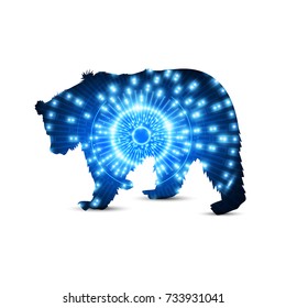 Silhouette of bear with hi tech eye neon background.